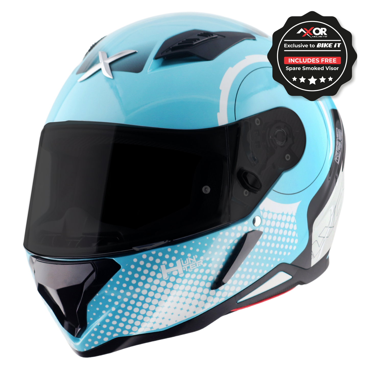 Axor Hunter SH890 Full Face Motorcycle Helmet Blue White Gloss FREE Smoked Visor
