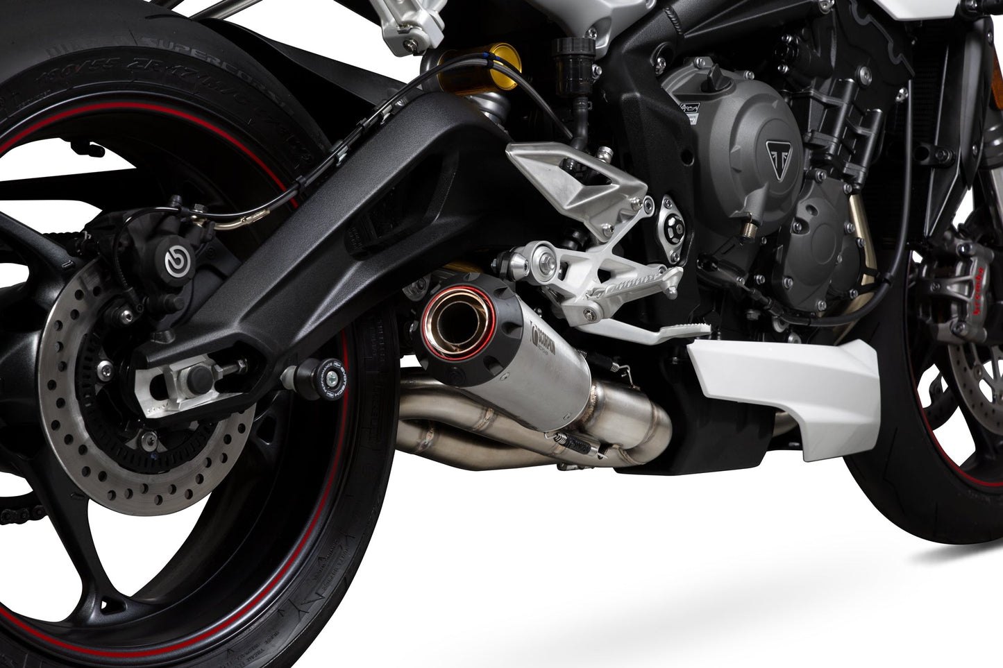 Triumph Street Triple 765 R / Street Triple 765 S / Street Triple 765 RS Red Power Slip-on - Brushed Stainless Steel Sleeve - Scorpion Exhaust