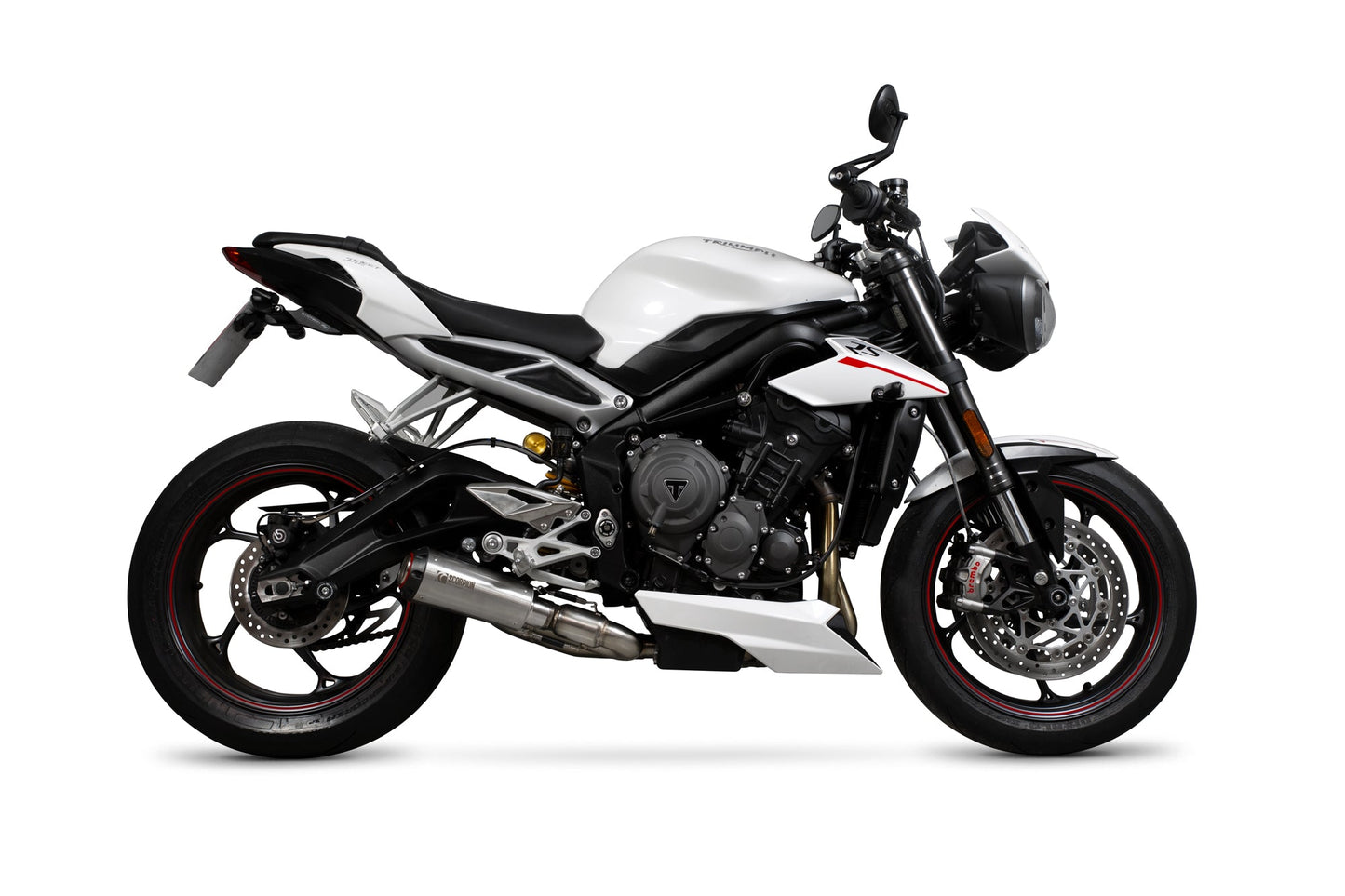 Triumph Street Triple 765 R / Street Triple 765 S / Street Triple 765 RS Red Power Slip-on - Brushed Stainless Steel Sleeve - Scorpion Exhaust