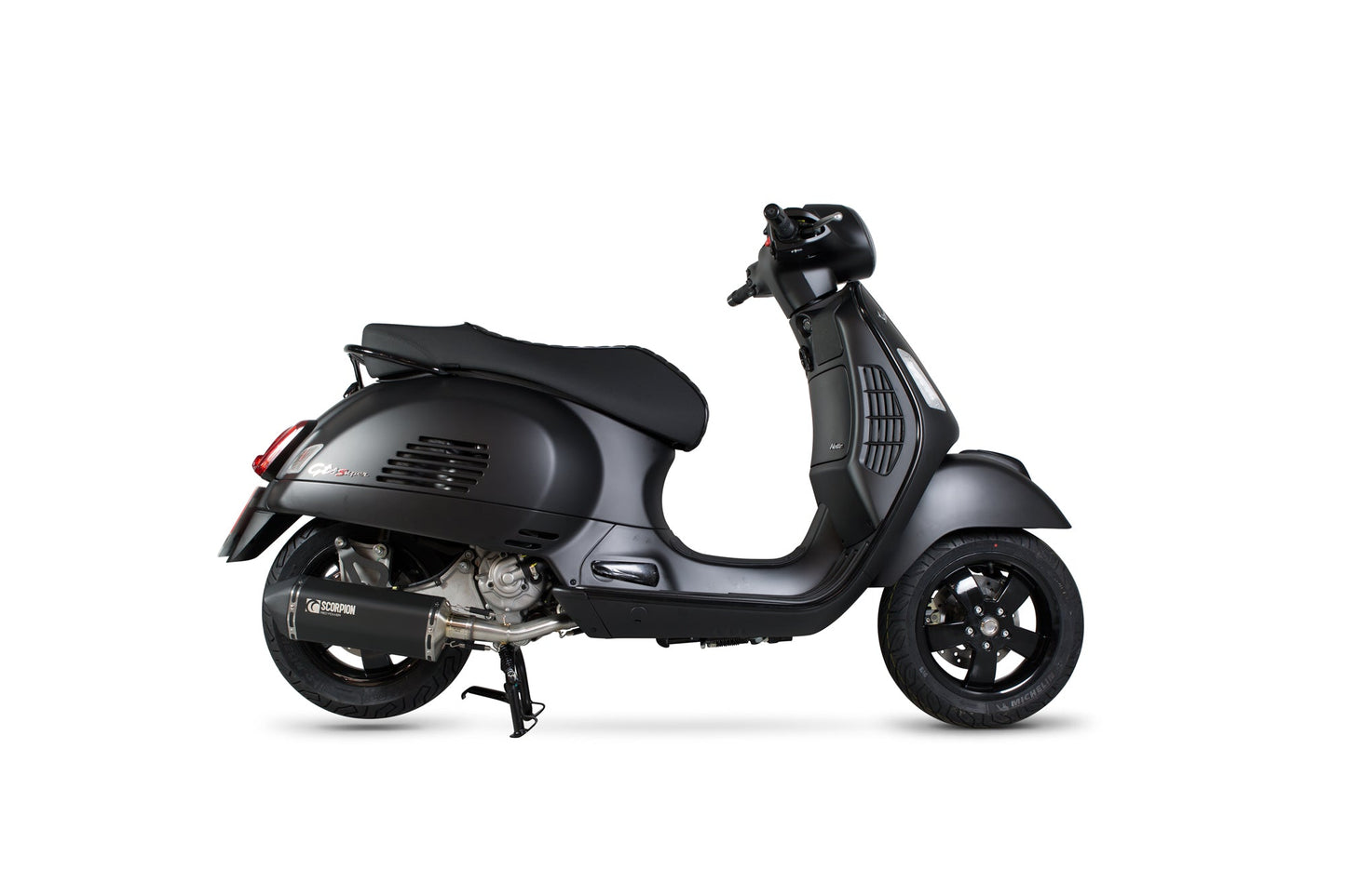 Vespa GTS 125, 2009-17 / GTS250, 2005-13 / GTS300, 2008-18 / GTV250, 2006-13 / GTV300, 2010-18 Serket Parallel Full System - Black Ceramic Coated Sleeve - Scorpion Exhaust