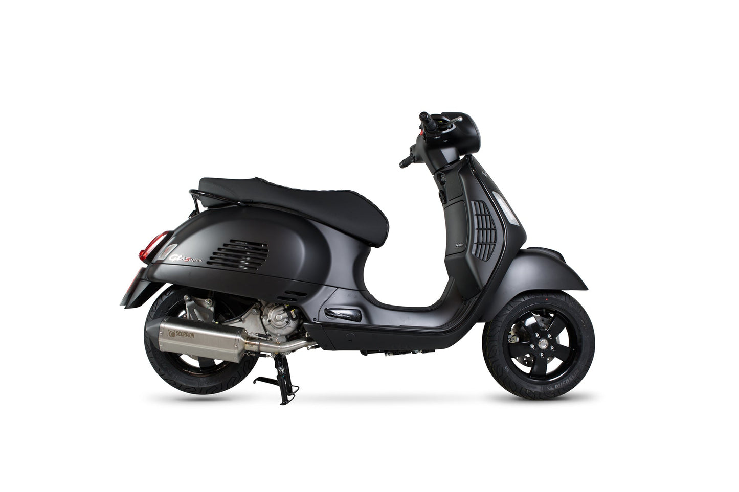 Vespa GTS 125, 2009-17 / GTS250, 2005-13 / GTS300, 2008-18 / GTV250, 2006-13 / GTV300, 2010-18 Serket Parallel Full System - Brushed Stainless Steel Sleeve - Scorpion Exhaust