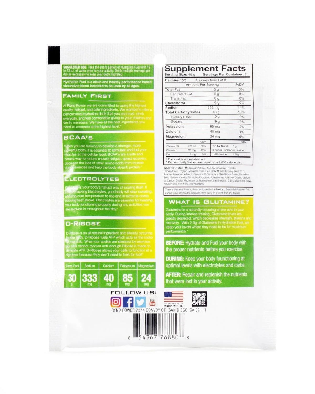 Hydration Fuel Single Serving - Lemon Lime - RYNO POWER
