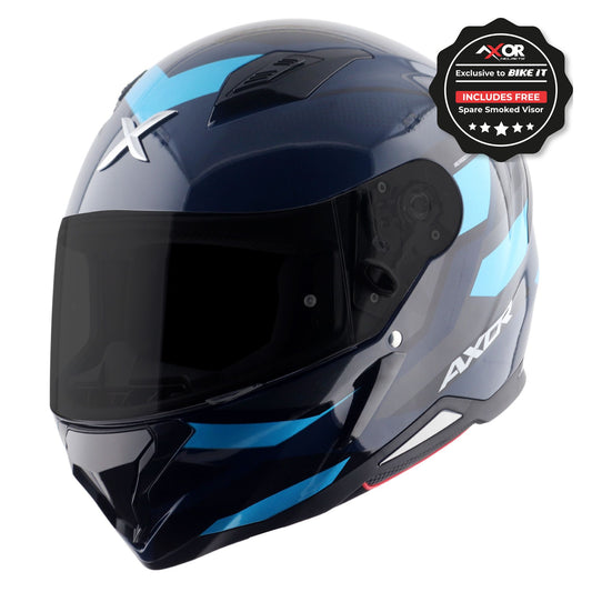 Axor Hunter SH890 Full Face Motorcycle Helmet Black Blue Gloss FREE Smoked Visor