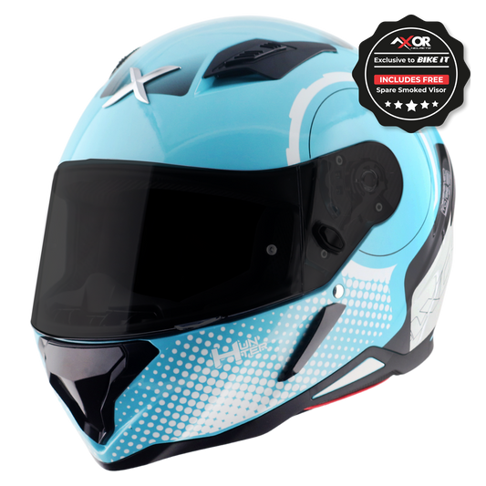 Axor Hunter SH890 Full Face Motorcycle Helmet Blue White Gloss FREE Smoked Visor