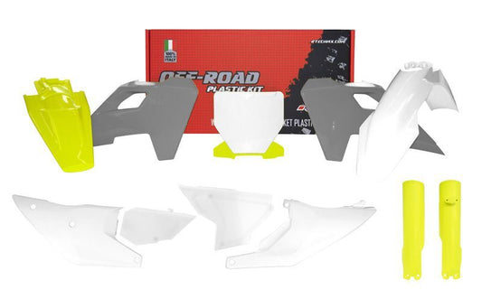 PLASTIC KIT RTECH HUSQVARNA TC125/250 TX300 FC250/350/450 FX350/450 2023-2024 WHITE GREY YELLOW / FORK GUARDS